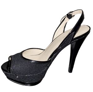 Black Metallic Peep Toe Slingback 6" Stiletto Heels, 8.5M